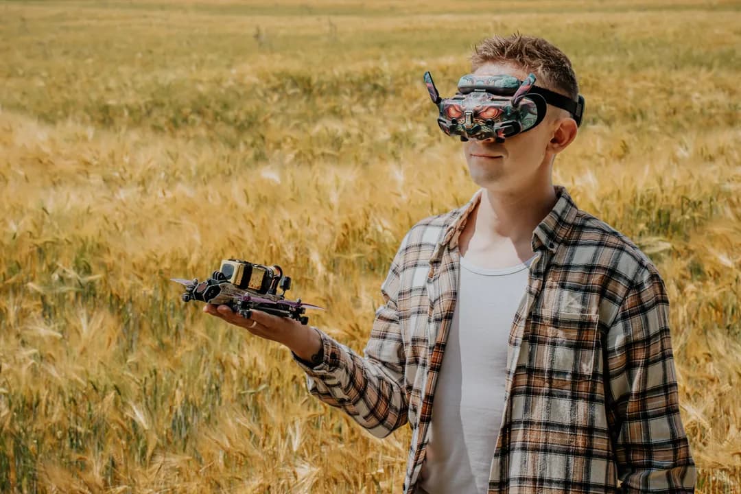 Marcel w goglach FPV z dronem cinewhoop w plenerze