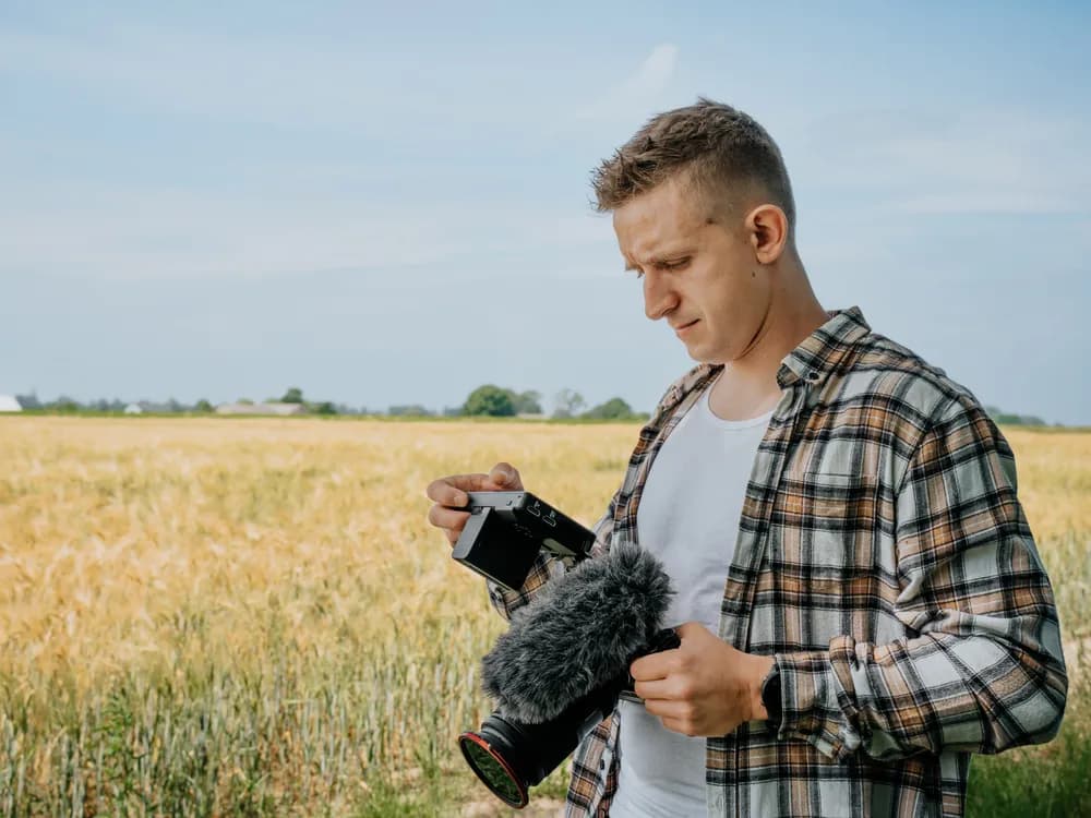 Marcel z kamerą w plenerze, kinematyczna produkcja wideo MotionMaker.pl